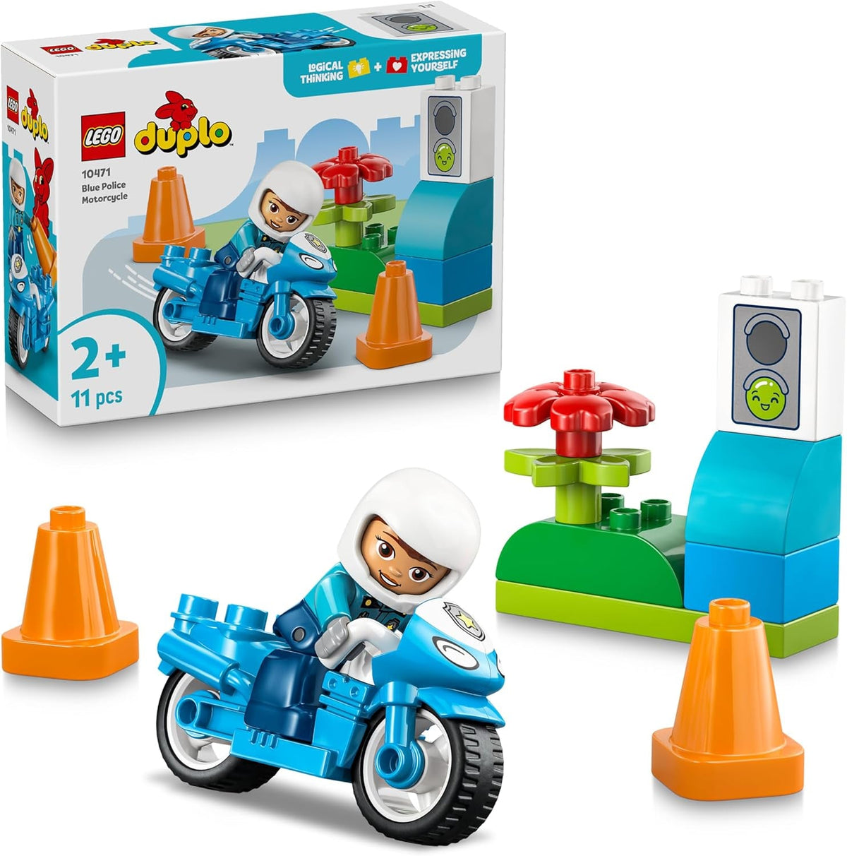 LEGO DUPLO Blaues Polizeimotorrad - Lernspielzeug zur Förderung der Motorik für Kleinkinder - inkl. Motorrad, Polizisten Figur und Verkehrsampel - Geschenk für Jungen und Mädchen ab 2 Jahren - 10471