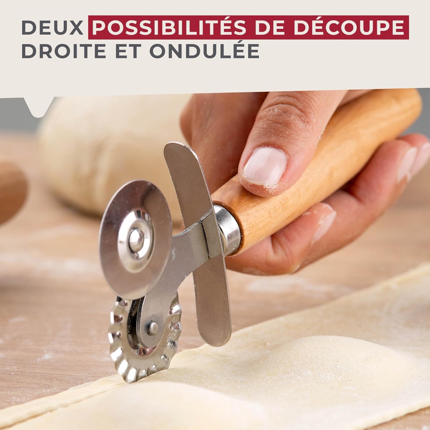 Roată de patiserie Fackelmann pentru ravioli, Maultaschen sau fursecuri – roată de patiserie din oțel inoxidabil cu aliaj de zinc – pentru paste de casă – mâner ergonomic din lemn de fag
