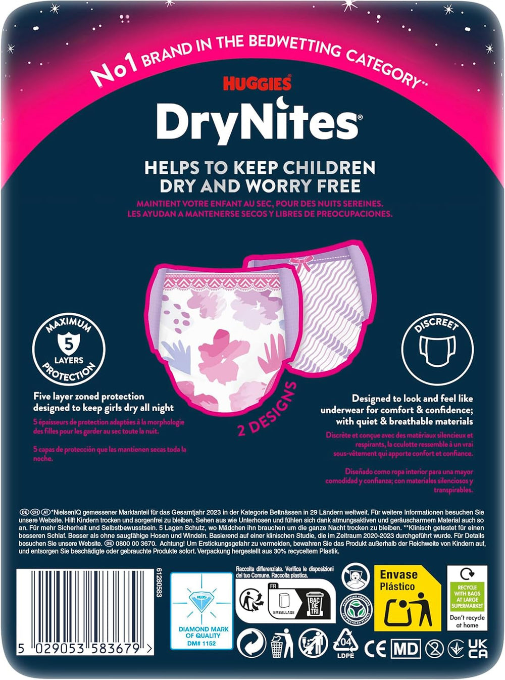 Scutece Huggies DryNites Nighttime pentru enurezis, pentru fete cu vârsta cuprinsă între 13 și aproximativ 17 ani (48-60 kg), 27 bucăți (3x9), pachet lunar, scutece-chiloți