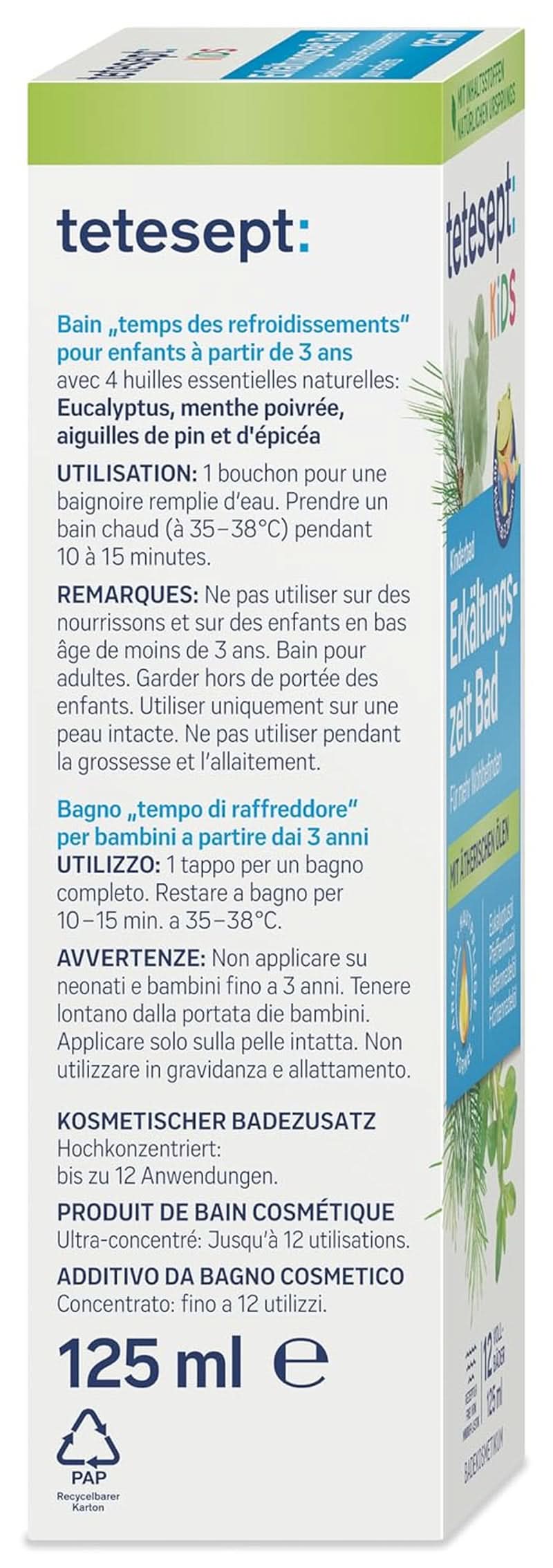 Tetesept Kids Cold Time Bath - aditiv de baie pentru copii pentru sezonul rece cu 4 uleiuri esențiale, relaxare și încălzire, 125 ml Naty Shop