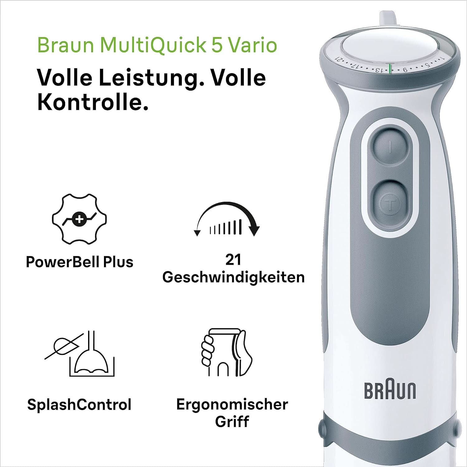 Braun Stabmixer MQ 5200WH - Multiquick 5 Vario Pürierstab Mit Edelstahl Mixfuß, 1000 Watt, Inkl. 600 ml Mix- & Messbecher, Weiß/Grau Kitchen Naty Shop