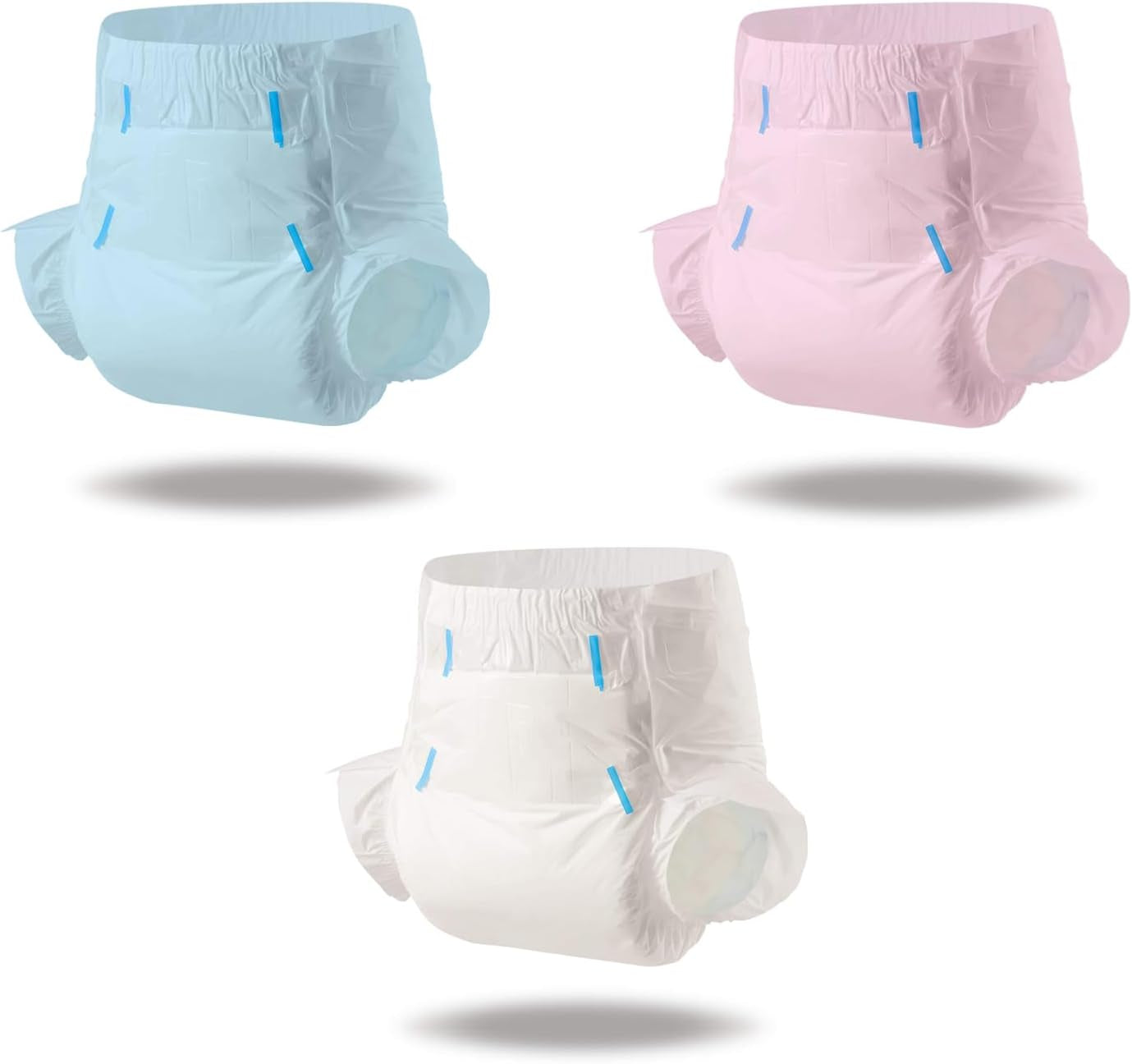 Scutece pentru adulți CutiePlusU, suprafață uscată, absorbție maximă peste noapte, scutec de incontinență de unică folosință – albastru, roz, alb, 3 bucăți (medii 71-96 cm)