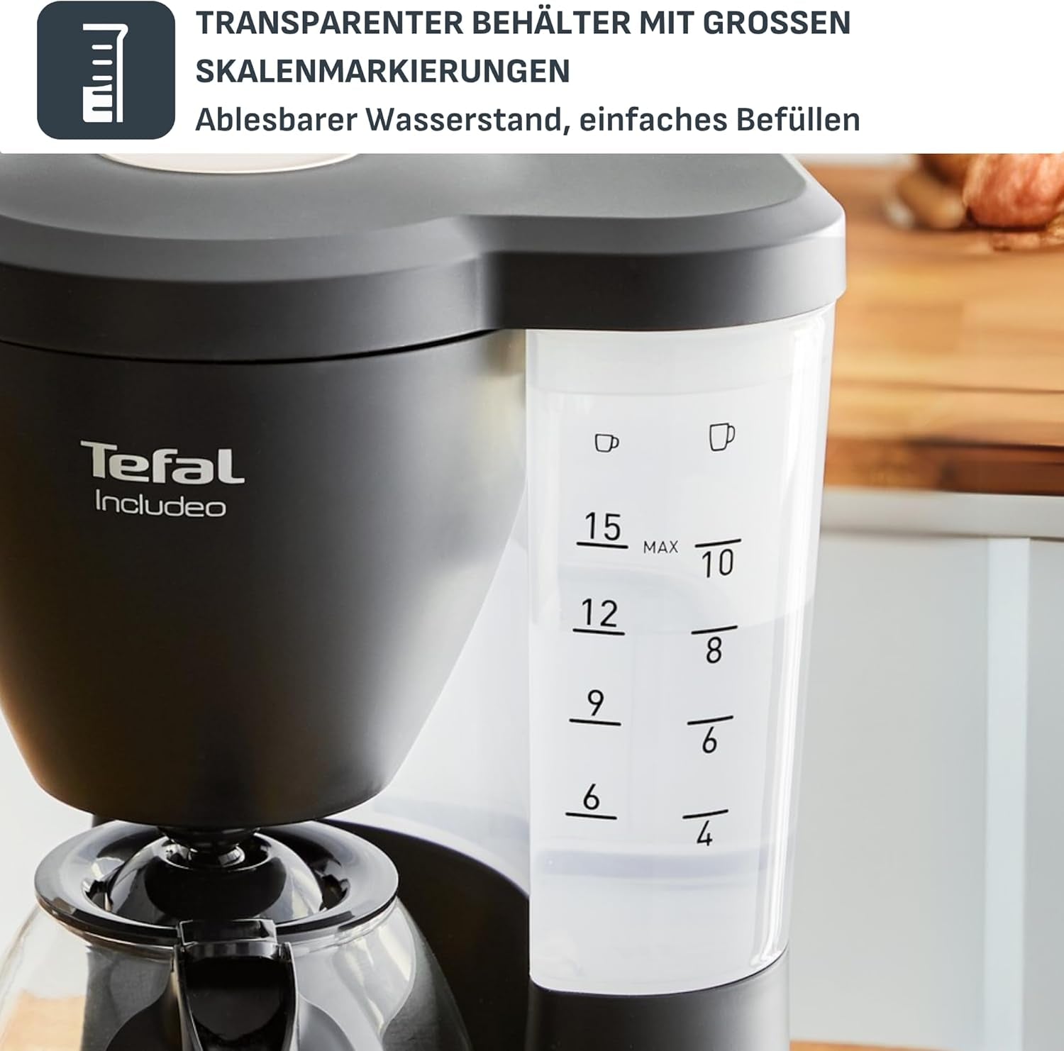 Espressor cu filtru Tefal Includeo, espressor extrem de ușor de utilizat, potrivit pentru dreptaci și stângaci, deschidere automată a capacului, 1,25 l, 10 până la 15 cești, CM533811