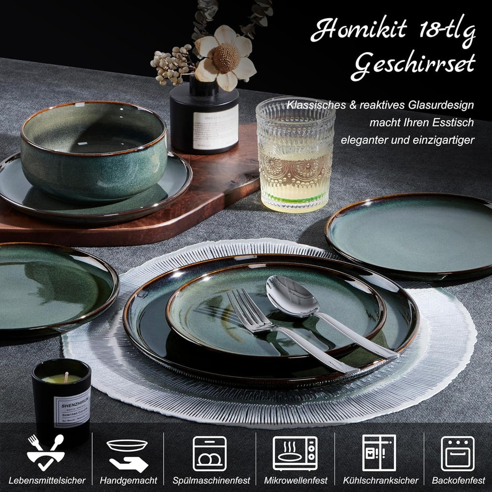 Homikit Geschirrset 6 Personen, 18-tlg Steinzeug Geschirr Set, Reaktive Glasur Tafelservice mit Speiseteller Dessertteller Müslischüsseln, Mikrowellen- und Spülmaschinenfest, Kieferrauchgrün