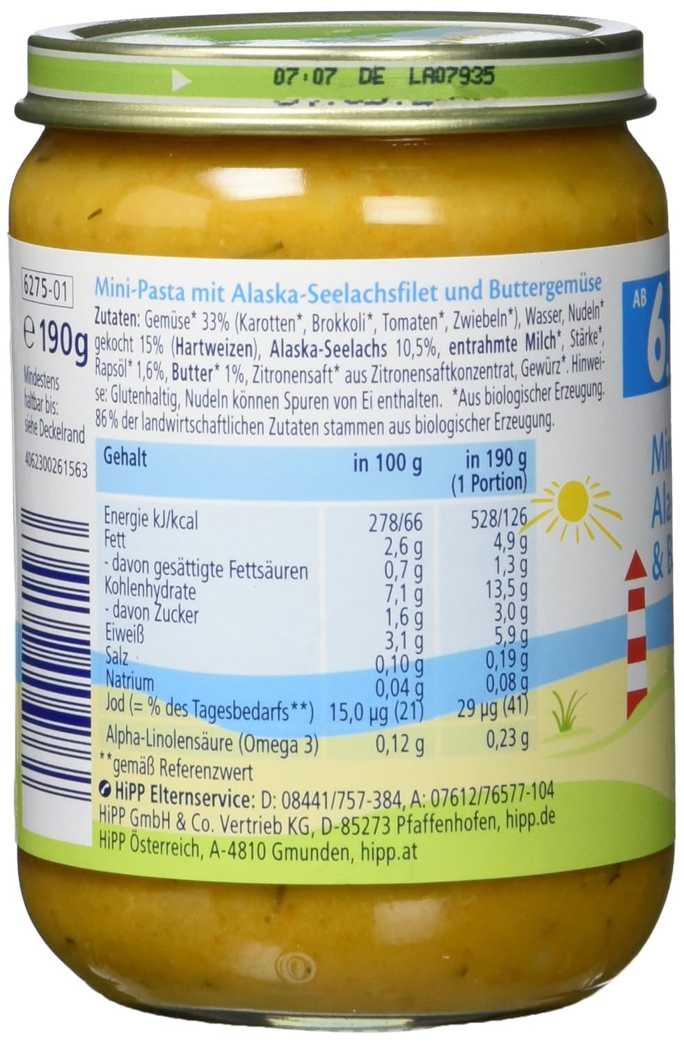 Mini paste HiPP cu file de Alaska Pollock și legume cu unt, pachet de 6 (6 x 190 g)