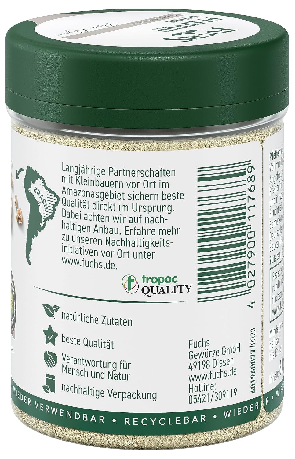 Fuchs Gewürze - Pfeffer weiß gemahlen - Pfeffer aus dem Amazonasgebiet, für helle Saucen, Fisch oder Suppen - natürliche Zutaten - 60 g in wiederverwendbarer, recyclebarer Dose
