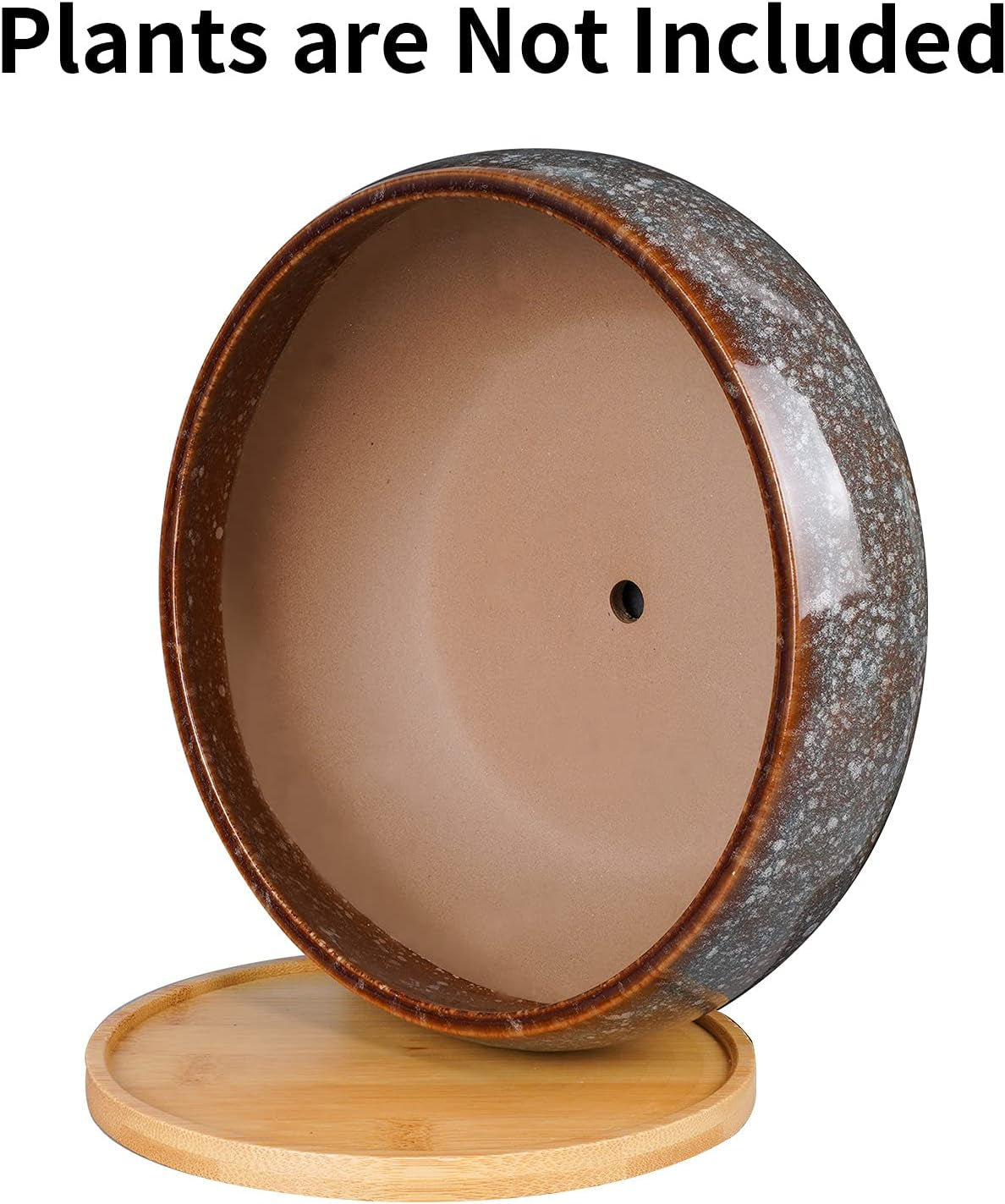 Ghiveci ceramic pentru bonsai, glazurat, puțin adânc, pentru plante suculente, cu orificiu de drenaj și farfurie din bambus pentru plante de apartament, 20,3 cm, maro