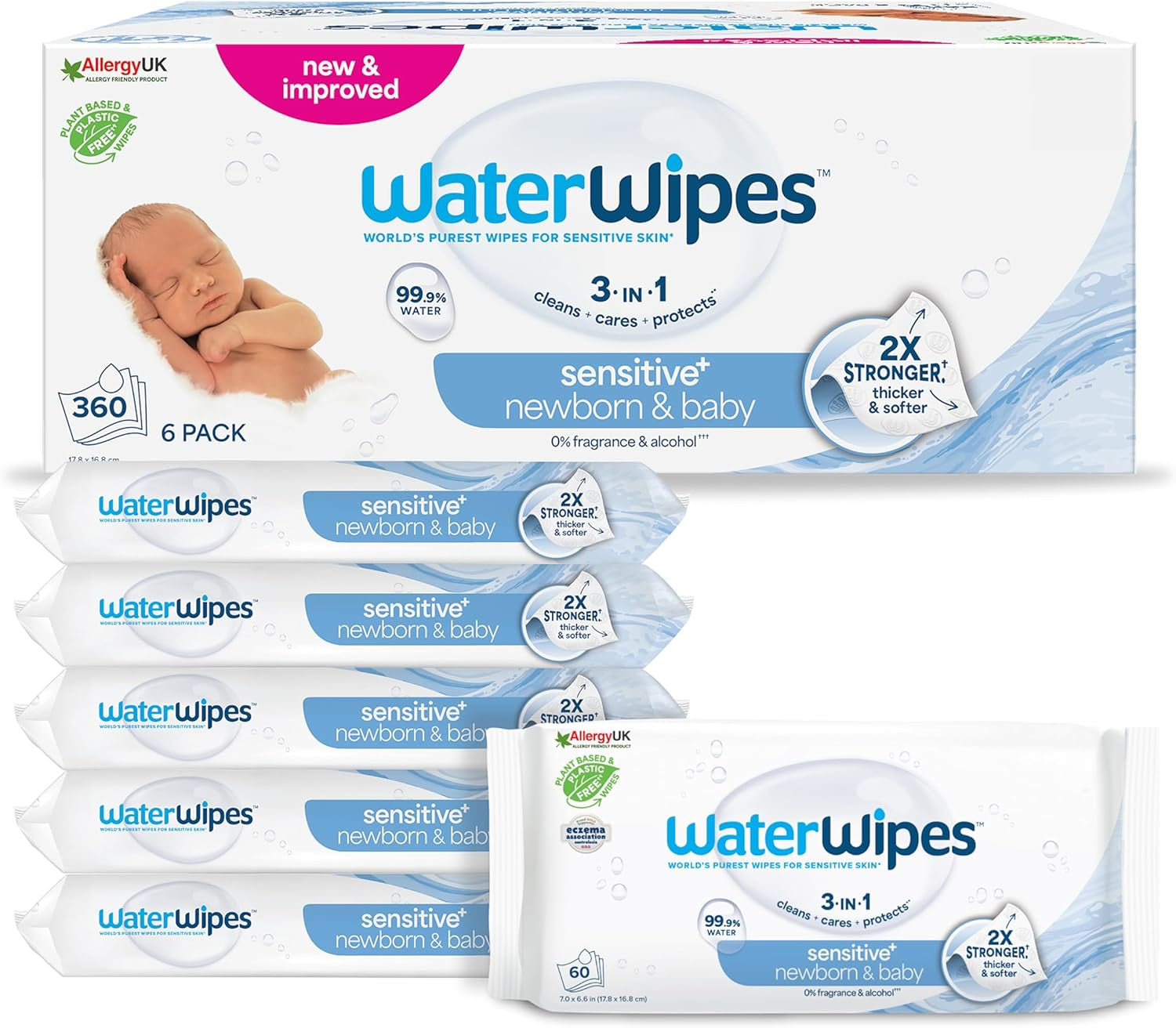 Șervețele umede WaterWipes Sensitive+ pentru nou-născuți și bebeluși, 360 bucăți (6 pachete), curățare, îngrijire, protecție 3 în 1, 99,9% apă, fără parfum