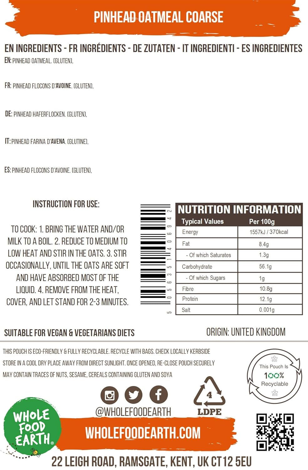 Wholefood Earth Pinhead Haferflocken grob stabilisiert 3 kg | GVO-frei | Reich an Ballaststoffen