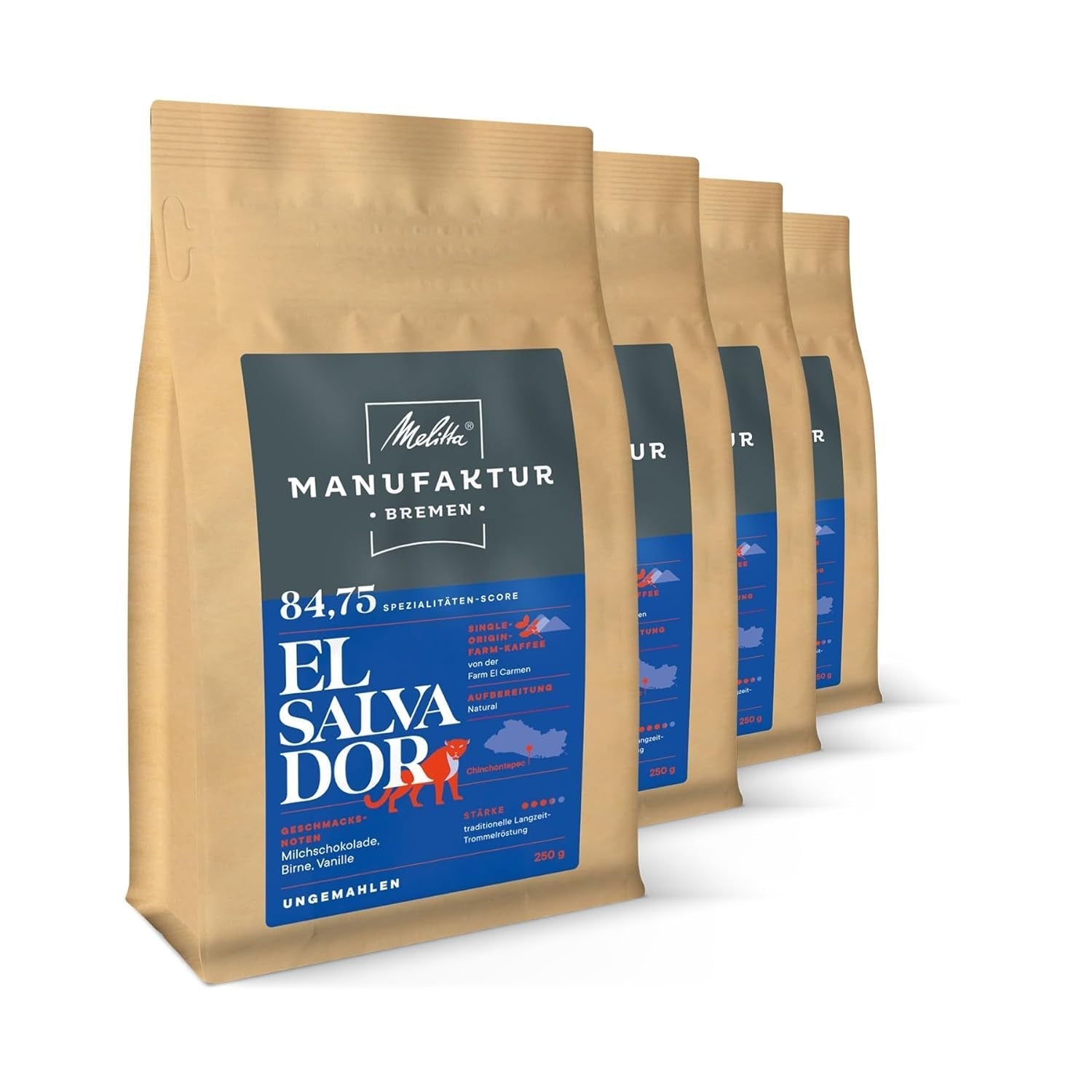 Melitta Manufaktur-Kaffee Guatemala Honig, Spezialkaffee, 250 g, ganze Kaffeebohnen, ungemahlen, Single Origin Kaffee, zarte Trommelröstung, in Deutschland geröstet, Stärke 3 Naty Shop Coffee 4 x 250 Gramm El Salvador ganze Bohne