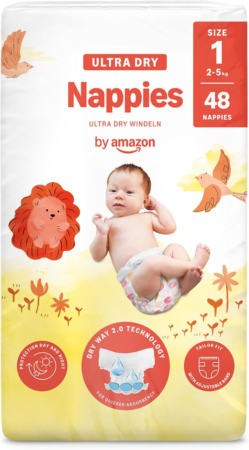 Scutece Ultra Dry de la Amazon, mărimea 1 (2-5 kg) - Cutie lunară, alb, 96 bucăți (2 pachete a câte 48) (anterior sub marca Mama Bear, produs identic)