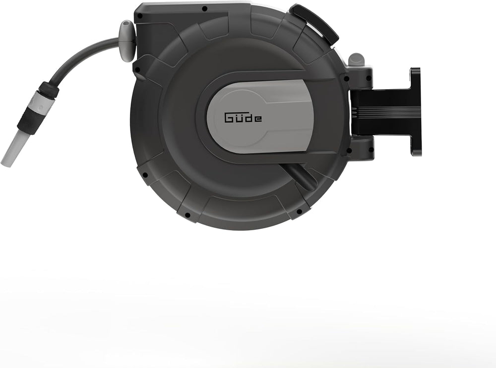 Rolă automată pentru furtun Güde 30-2-2 1/2 (rotație la 180°, pentru montare pe perete, furtun de 30 m, pulverizator de apă, suport de perete, retragere automată, opritor retragere, mâner de transport, 2 cuplaje rapide)