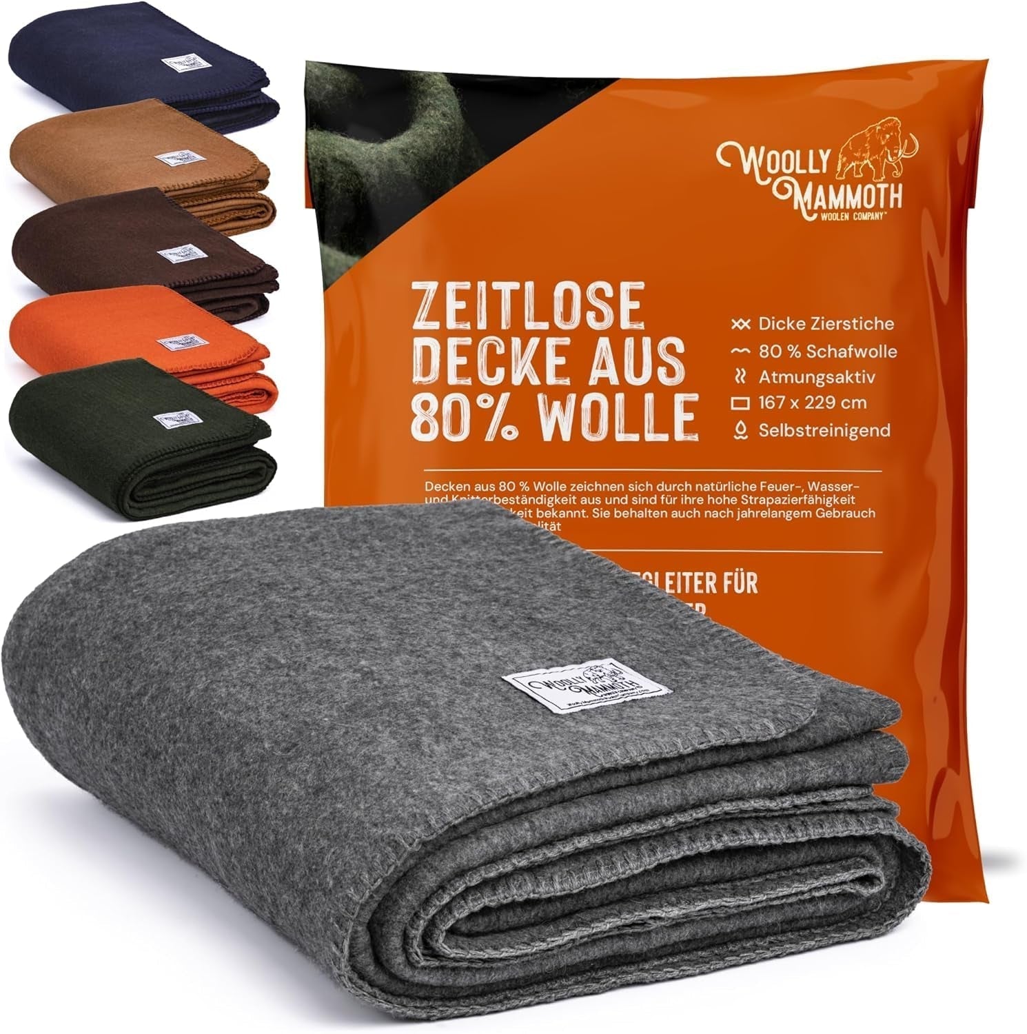 Woolly Mammoth Woolen Co. Campingdecke, extra groß, Merinowolle, die perfekte Outdoor-Ausrüstung für Bushcraft, Camping, Trekking, Wandern, Überleben oder Hüttendecke. Braun, 168 x 228 Woolly Mammoth Woollen Company Betten und Decken Grau 66" x 90"