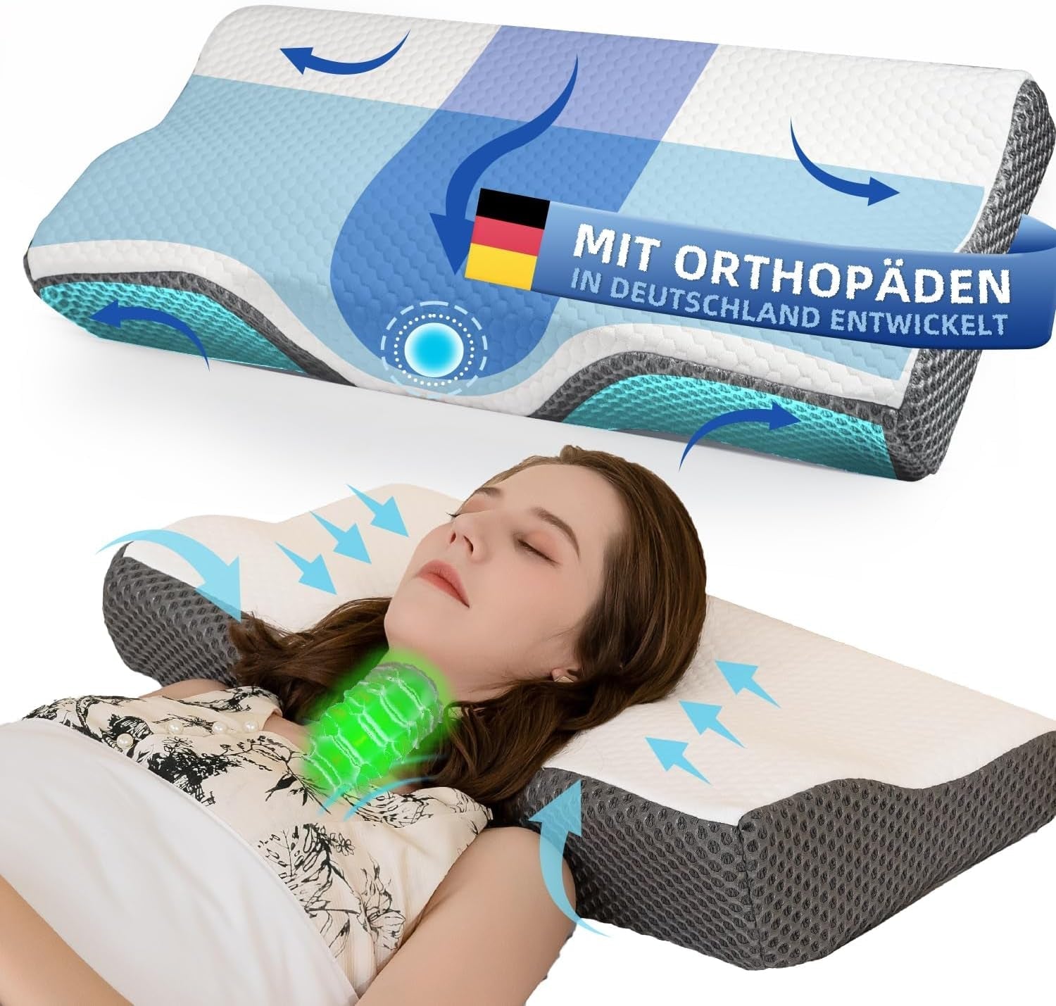 Pernă pentru dureri de gât, pernă ergonomică ortopedică pentru gât, pernă din spumă de memorie pentru părți, spate și abdomen, pernă anti-sforăit pentru bărbați femei (62 * 34.5 * 12/8CM) Perne ortopedice cervicale Naty Shop Titlu implicit