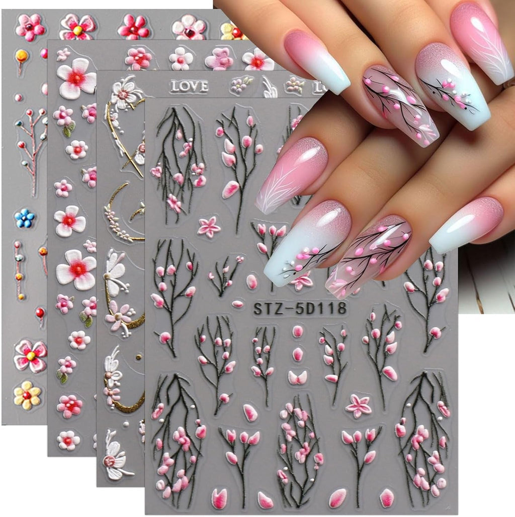 JMEOWIO 3D Nagelsticker Blume Nail Art Sticker Selbstklebend Nagelaufkleber 5D Stereoskopisch Frühling Sommer Floral Dekoration Nageldesign Zubehör 4 Blatt