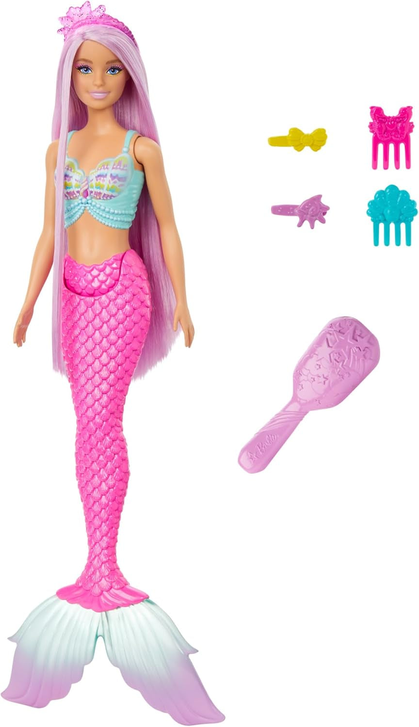 Păpușa Barbie Sirenă - cu păr lung roz și accesorii pentru coafare individuală, inclusiv perie, vârf frumos în formă de scoică și aripioară caudală roz, pentru copii cu vârsta de 3 ani și peste, HRR00