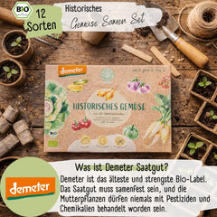 Set de semințe de legume organice - 12 varietăți de semințe de legume Demeter | Semințe de legume rare și de familie, toate polenizate liber | Soiuri de legume de familie pentru balcoane, paturi înalte, grădini și cadou | Loveplants