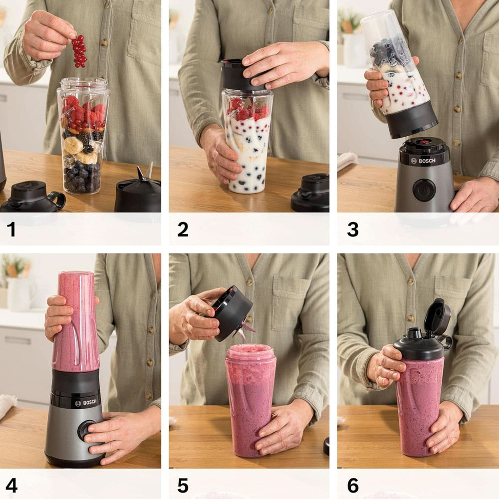 Bosch Mini-Standmixer Vitapower Serie 2 MMB2111S, Highspeed-Mixer, Bis Zu 40.000 U/min, Tritan Togo-Flasche 0,6 L, Trinkdeckel, Bruchsicher, Spülmasch.Geeignete Teile, 450W, Silber/Schwarz Kitchen Naty Shop