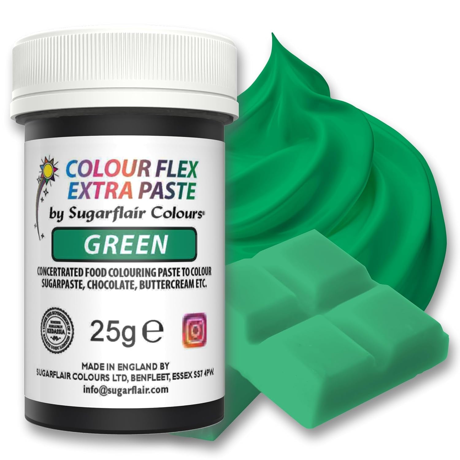 Colorant alimentar Sugarflair Colourflex Extra Paste Verde - Colorant alimentar comestibil pentru cremă de unt, ciocolată, pastă de zahăr, glazură, fondant, mixuri pentru prăjituri, aluat și multe altele - 25g