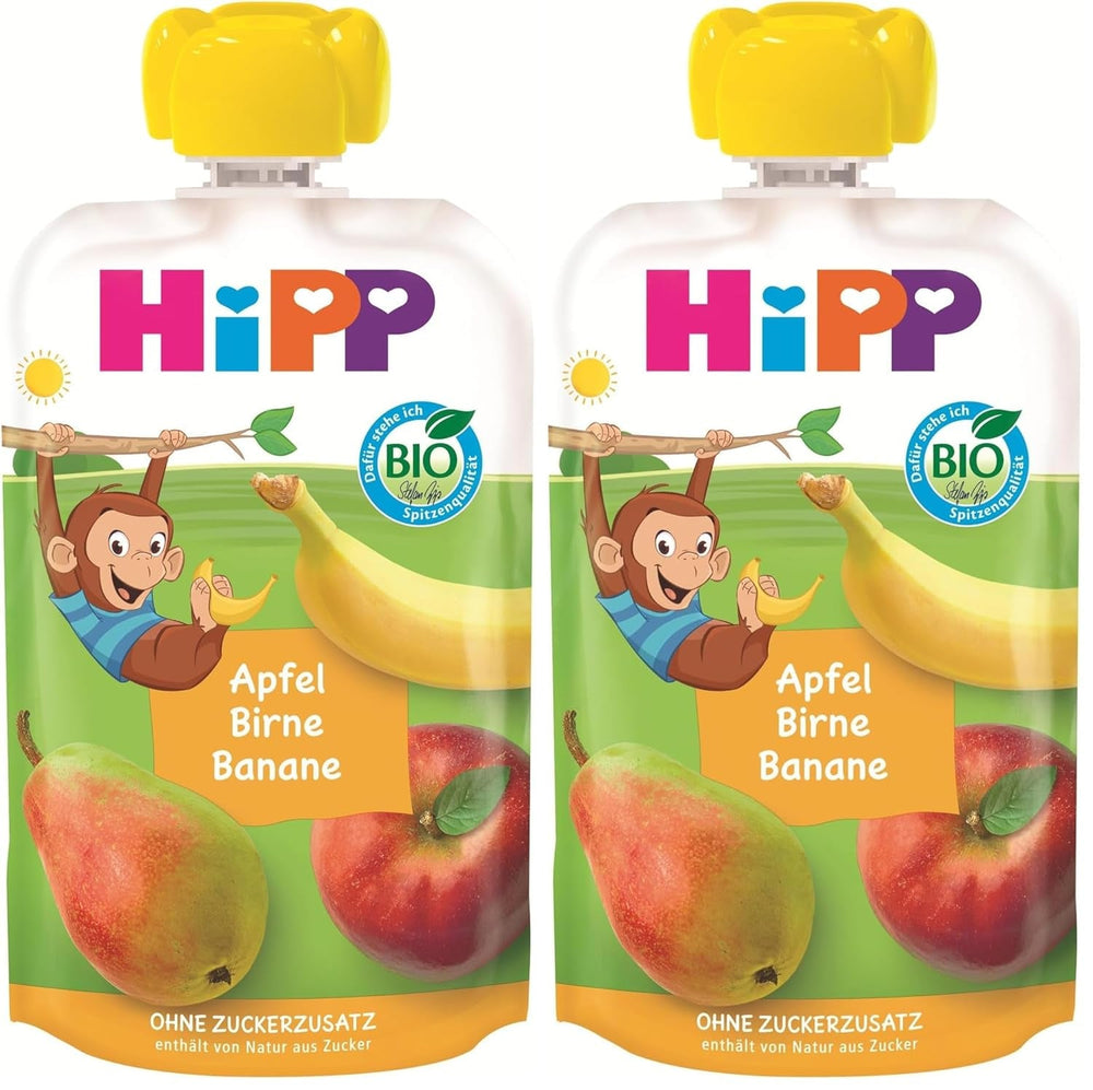 Pliculețe de fructe organice HiPP, stoarcibile, măr, pară, banană - Anton maimuța (8 x 100g), de la 1 an, piure de fructe 100%, fără zahăr adăugat, vegan, de cea mai bună calitate organică (pachet de 2)