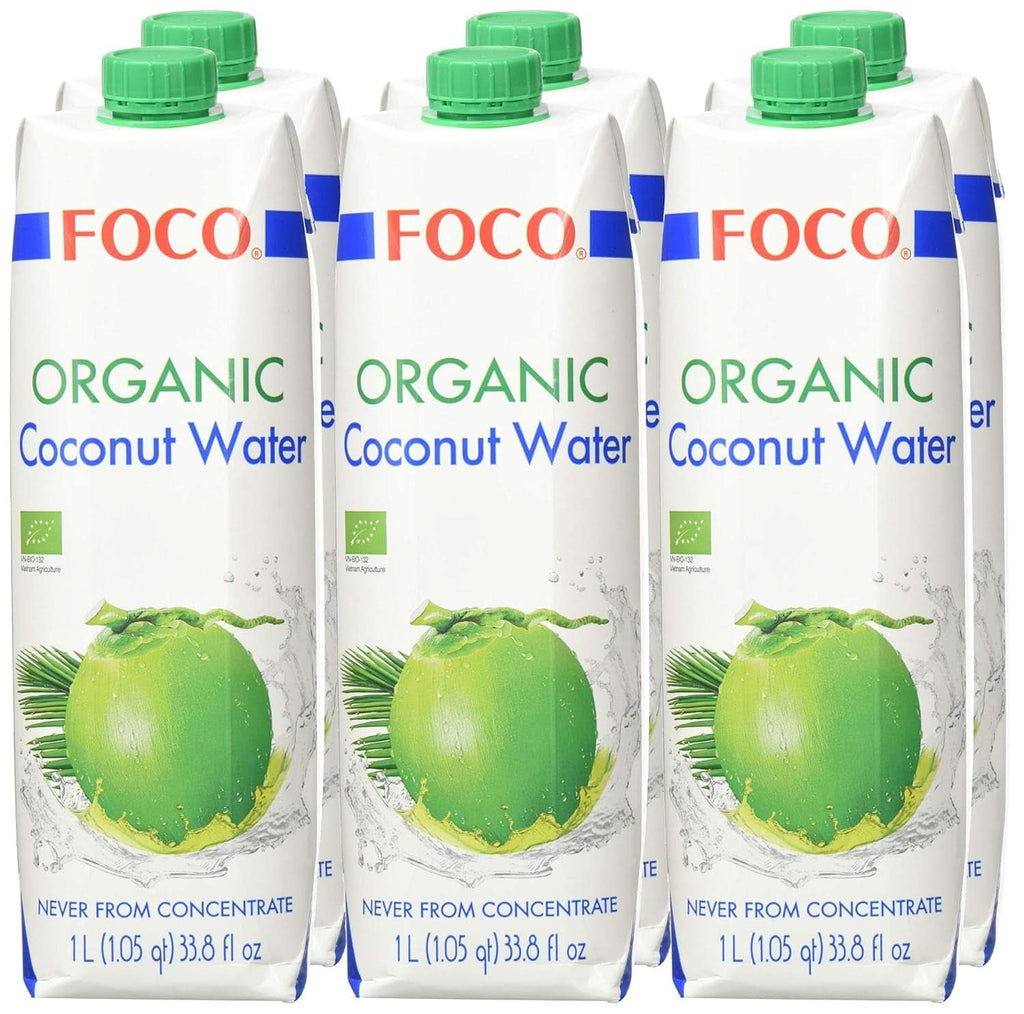 FOCO Apă de nucă de cocos organică, pură, răcoritoare, băutură sport, 100 % apă de nucă de cocos - 6 X 1 litru Naty Shop