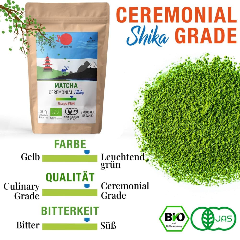 ORIGEENS BIO MATCHA CEREMONIAL GRADE „SHIKA” - Ceai japonez organic, provenit din Shizuoka - Matcha Latte/Usucha - Pliculeț de reumplere de 30 g - Ceai verde Matcha pulbere organic de calitate ceremonială