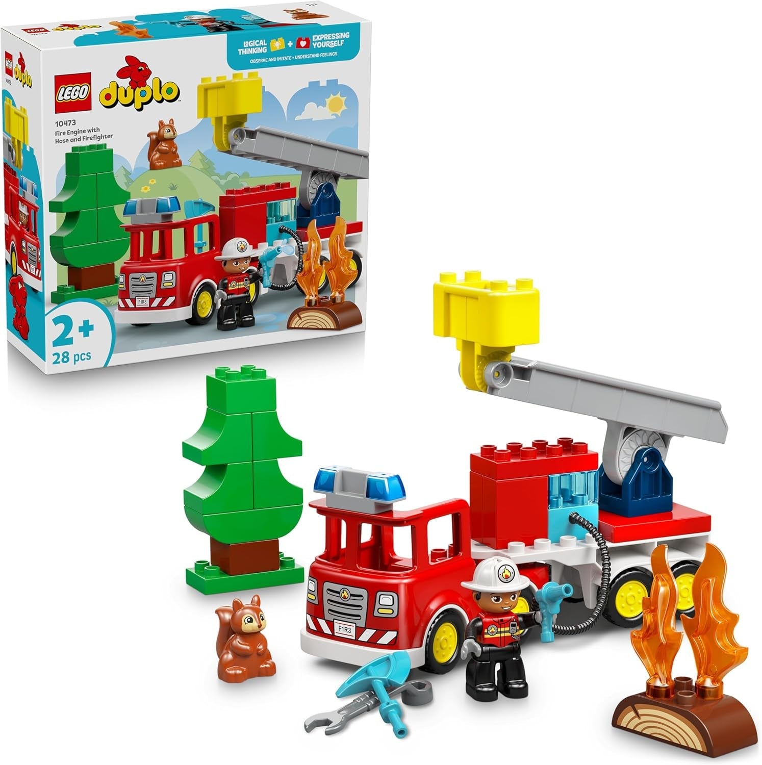 LEGO DUPLO Town Löschauto mit Schlauch und Feuerwehrmann- Lernspielzeug für Motorik - Rotes Feuerwehrauto mit Leiter, Figur und Eichhörnchen - Geschenk für Jungen und Mädchen ab 2 Jahren - 10473