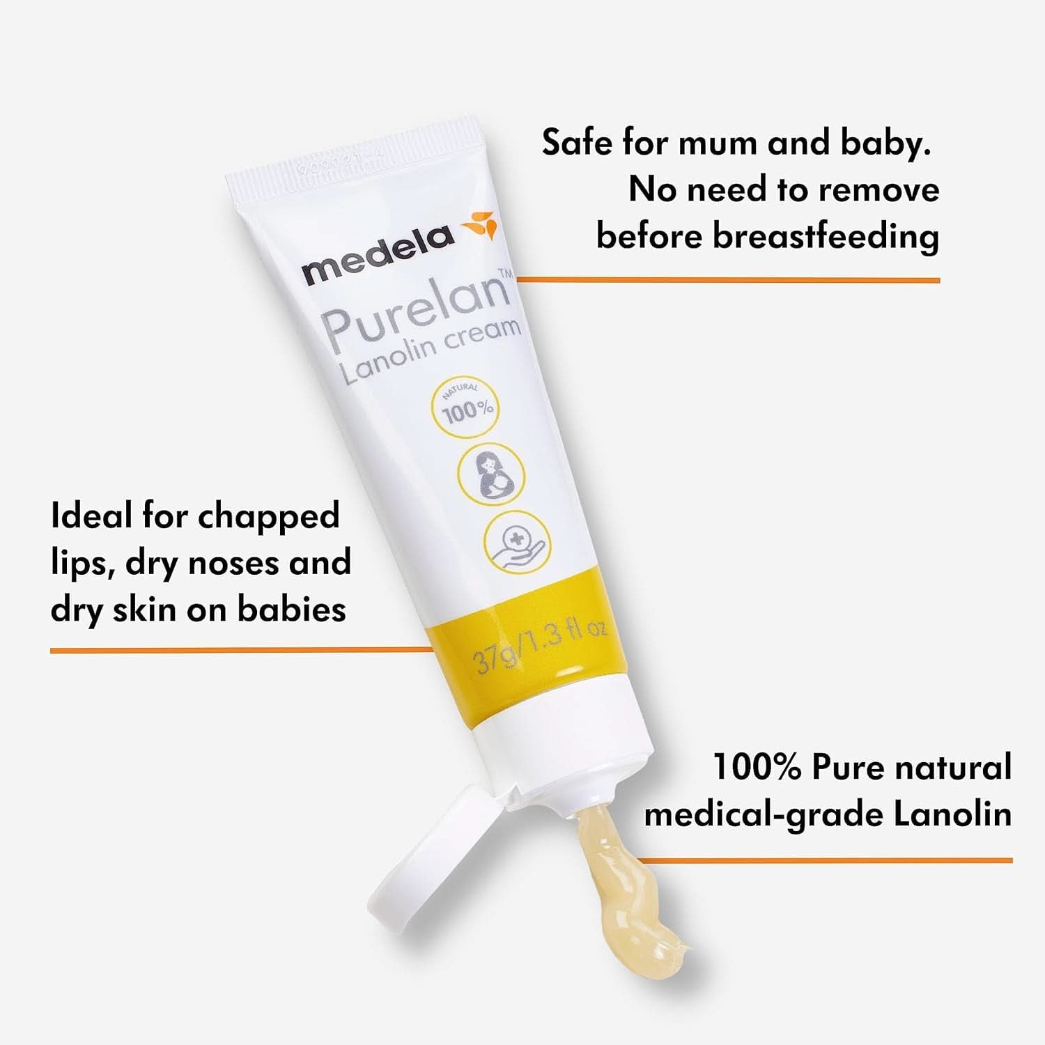 Medela Purelan 37G Lanolin Brustwarzencreme – Creme gegen wunde Brustwarzen und trockene Haut, 100 % natürlich, hypoallergen. Zubehör Essen und Stillen Bebe Naty Shop