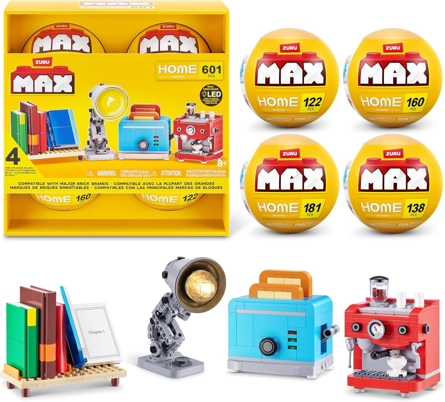 Max Build More Premium Home 4er-Pack von ZURU – Unboxing-Spielzeug & Klemmbausteine Sammlerminis mit bis zu 601 Teilen, Interaktive Designs zum Bauen & Aufstellen, Ab 8 Jahren