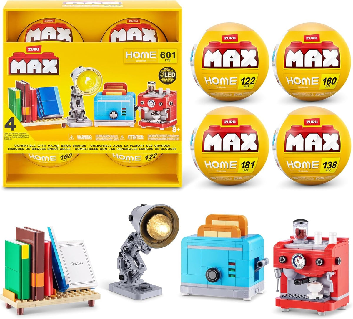 Max Build More Premium Home 4er-Pack von ZURU – Unboxing-Spielzeug & Klemmbausteine Sammlerminis mit bis zu 601 Teilen, Interaktive Designs zum Bauen & Aufstellen, Ab 8 Jahren