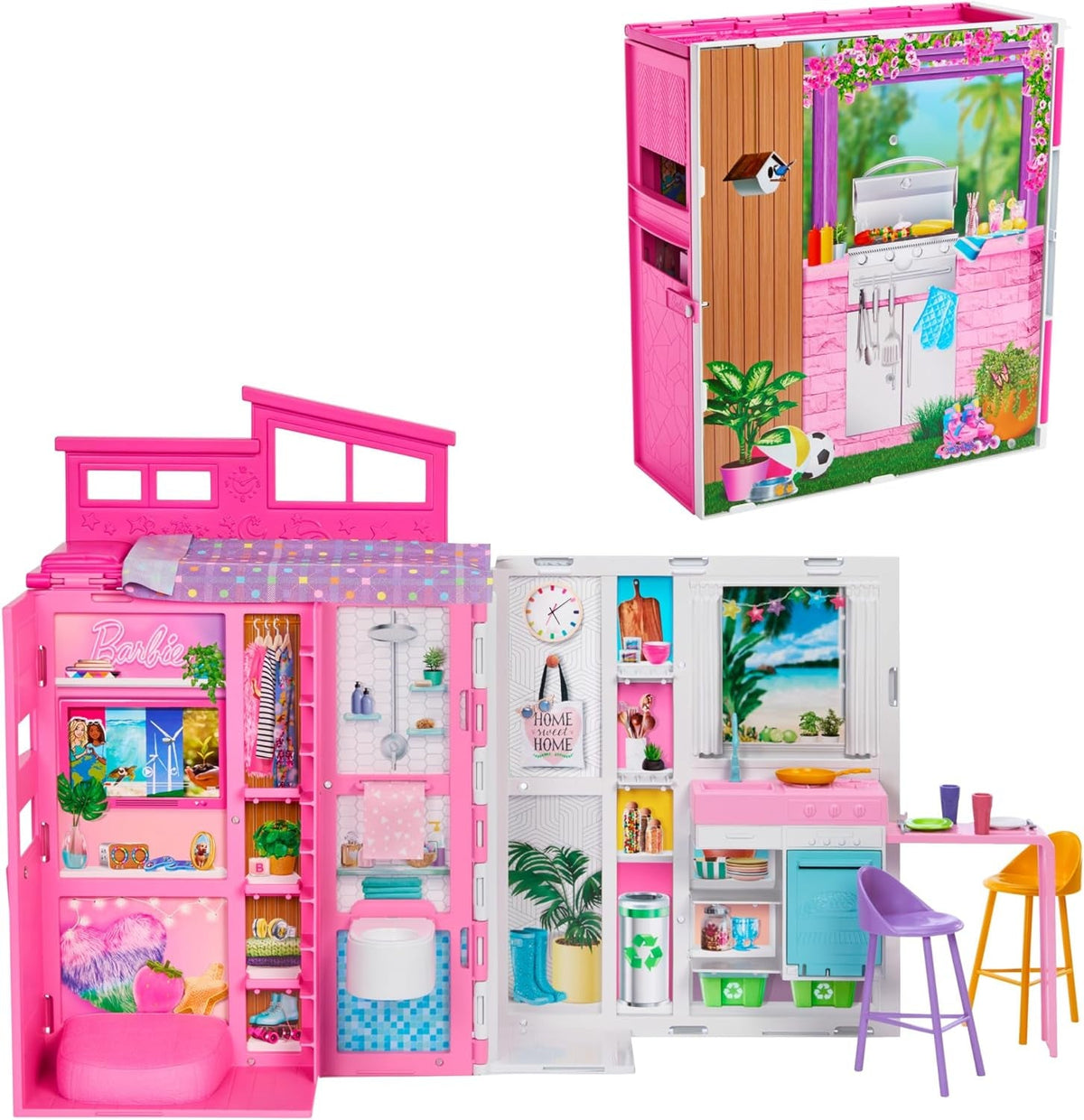 Barbie-Puppenhaus Spielset, Ferienhaus mit 4 Spielbereichen, darunter Küche, Badezimmer, Schlafzimmer und Lounge, 11 Deko-Zubehörteile, HRJ76