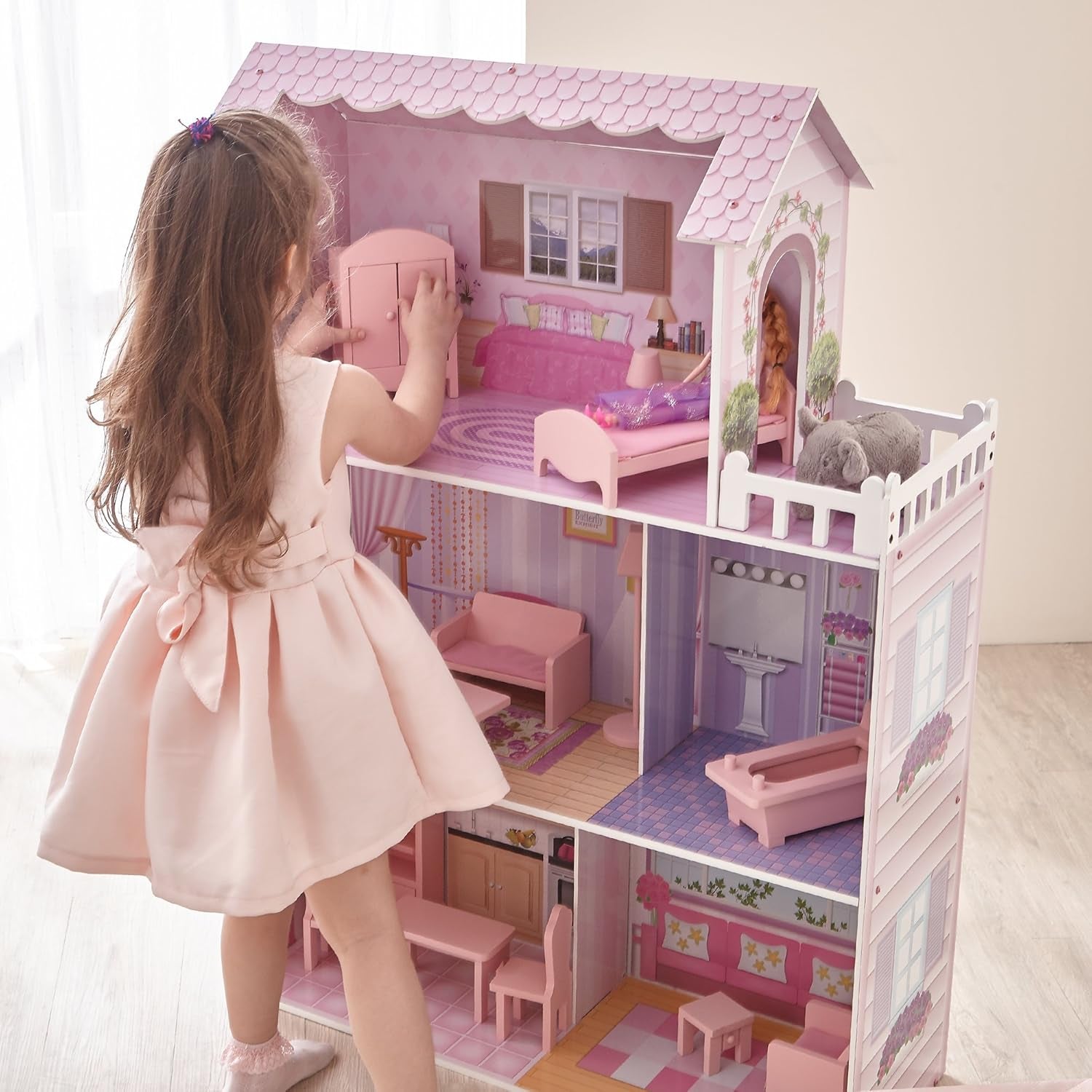 Olivia's Small World Riesenpuppenhaus, großes Puppenhaus aus Holz mit Möbeln und Zubehör, 3-stöckiges Puppenhaus für Kinder, Puppenhaus für 12-Zoll-Puppen, ab 3 Jahren Naty Shop Puppenhäuser