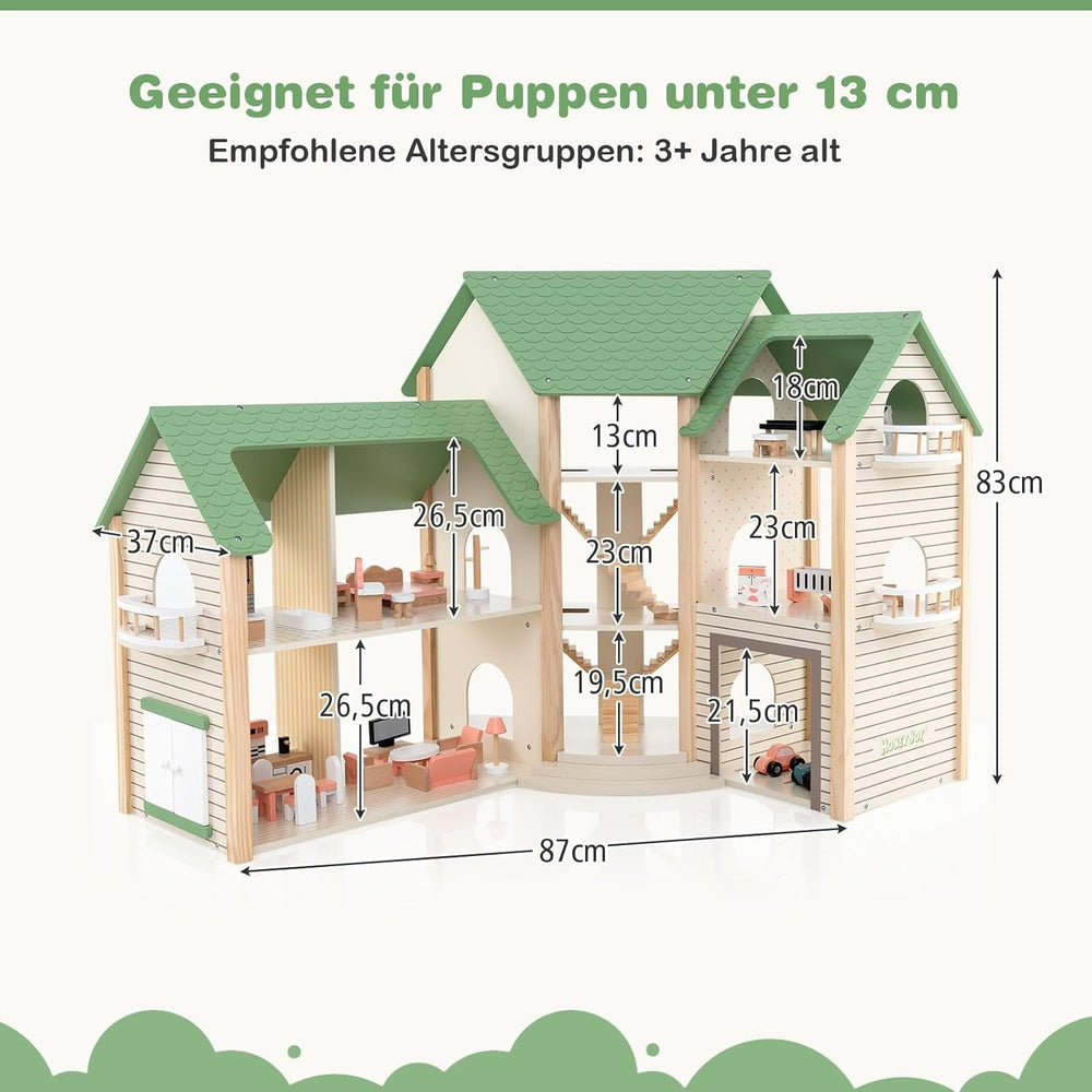 Casă de păpuși din lemn FANTASK, casă de păpuși de 83 cm înălțime cu 36 de piese de mobilier și accesorii, vilă de păpuși cu 6 camere, terasă și garaj, cadou pentru fete de la 3 ani Casute de papusi Naty Shop