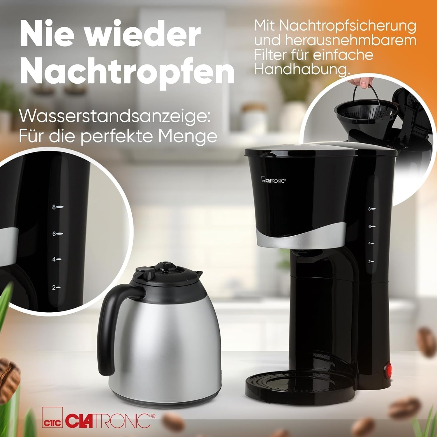 Cafetieră Clatronic® cu termos | pentru 8-10 cești de cafea | fără pierderi de temperatură | cafetieră cu filtru | 1 litru | Espressor | Cafetieră cu filtru cu termos | KA 3327 negru