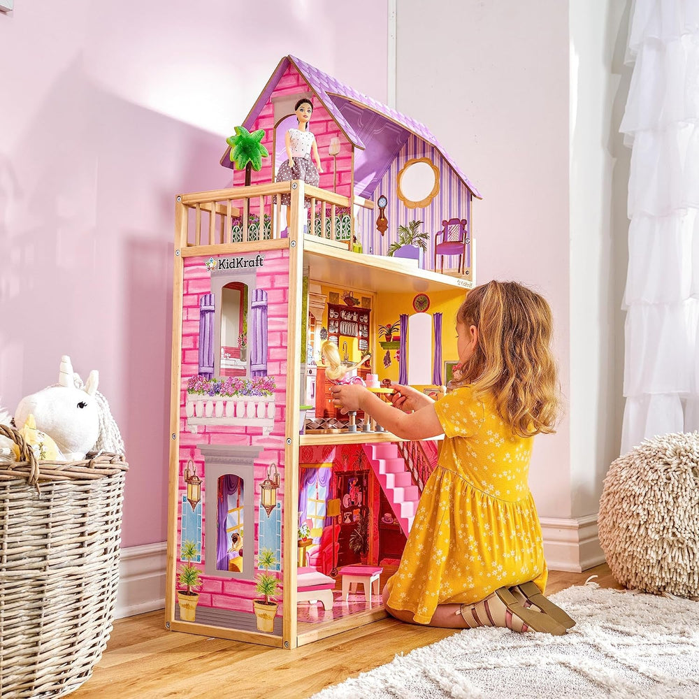 KidKraft Casă de păpuși Kayla din lemn cu mobilier și accesorii, set de joacă cu 3 niveluri pentru păpuși de 30 cm, jucărie pentru copii de la 3 ani în sus, 65092 - Exclusiv pe Amazon