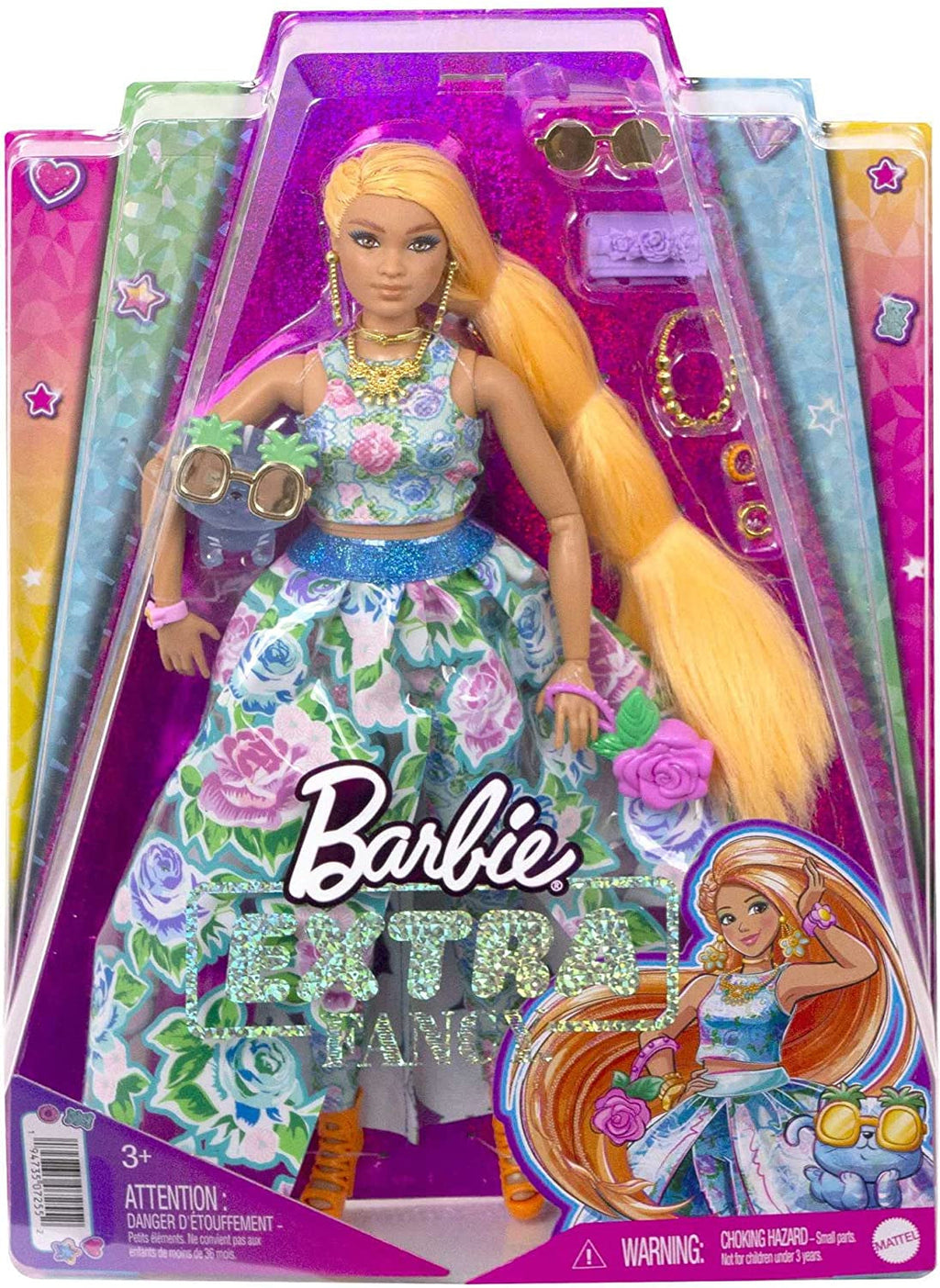 Barbie Extra Fancy, Curvy Păr lung blond cu căpșuni, costum din două piese, pisică albastră, geantă roz, ochelari de soare cu ananas, inclusiv păpușă, potrivit ca cadou, Hhn14 Papusi Naty Shop