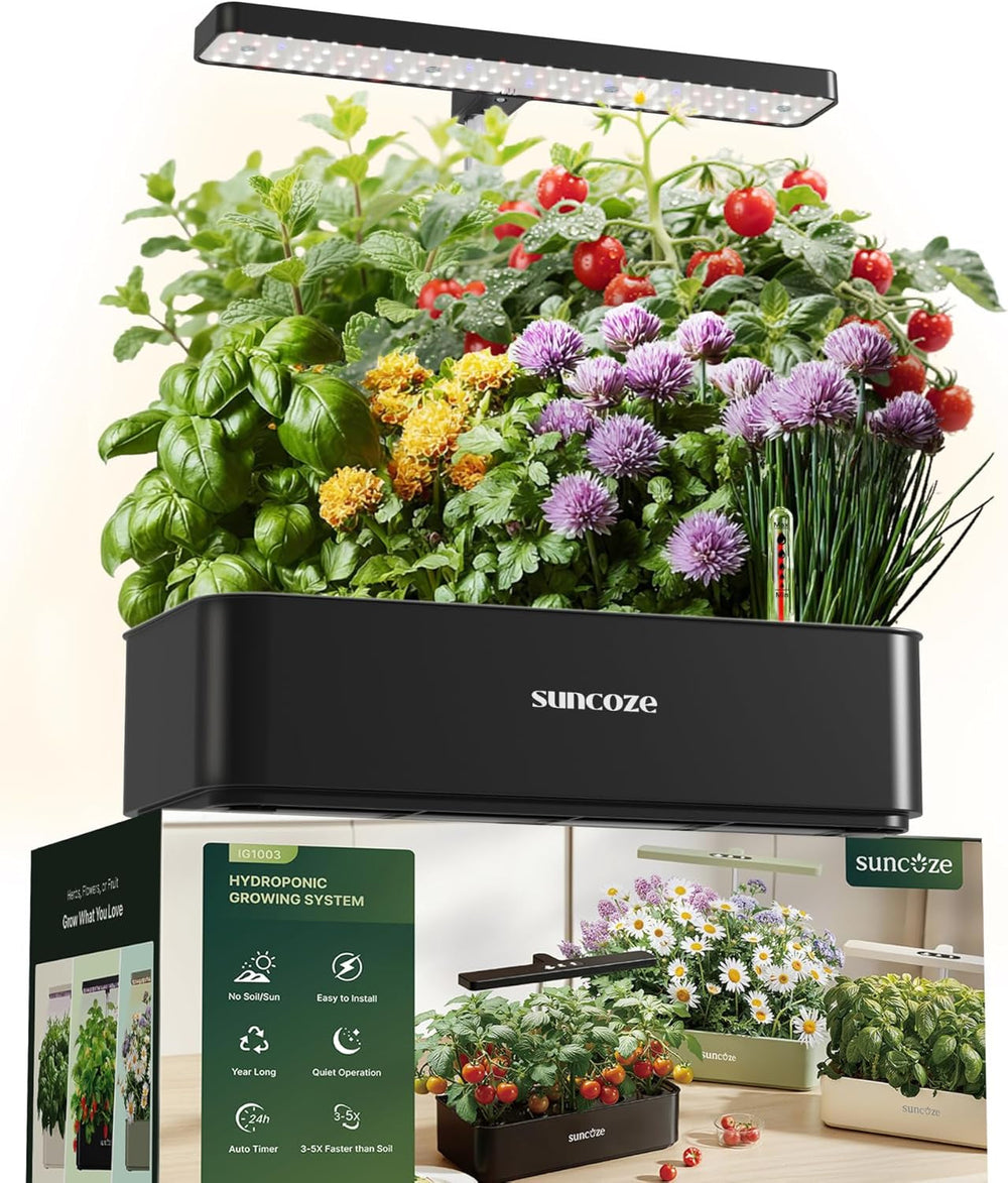 Kit sistem de creștere hidroponică cu 12 capsule, lampă LED de 24W pentru grădină de interior, rezervor de apă de 4L cu pompă silențioasă, jardinieră cu înălțime reglabilă pentru plante aromatice, kit de grădinărit de interior, cadouri de grădinărit, bej