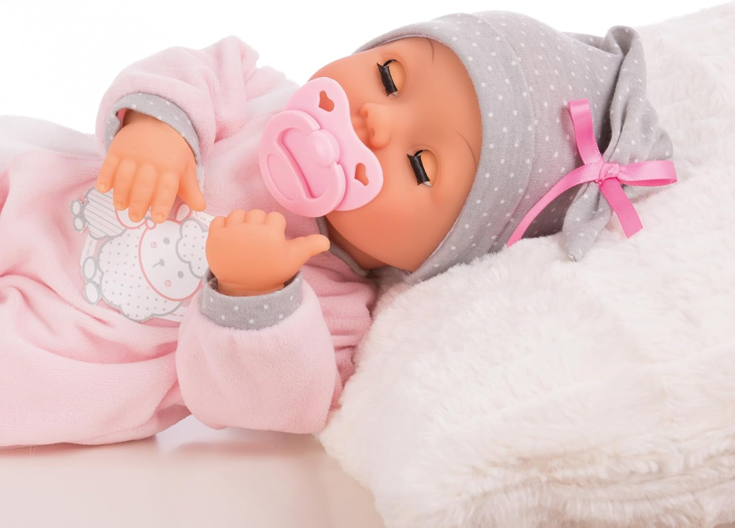 Bayer Design 93829AA My Piccolina Interactive Puppe mit Funktion, sprechend, Babypuppe bewegt den Mund, 38 cm, Schnuller, Flasche, Rosa, Grau