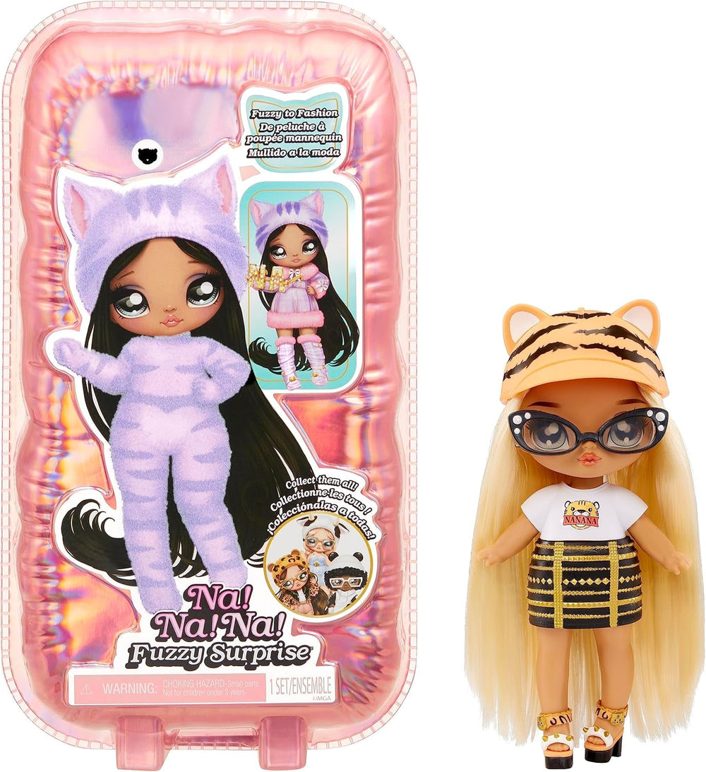 NA! NA! NA! Surprise Fuzzy Surprise Serie 1 - JENNEL Jaguar - 18 cm posierbare Modepuppe - Jaguar-inspiriert mit beflocktem Körper, Beanie, Brille, Outfit, und Schuhe - Spielzeug für Kinder ab 4+