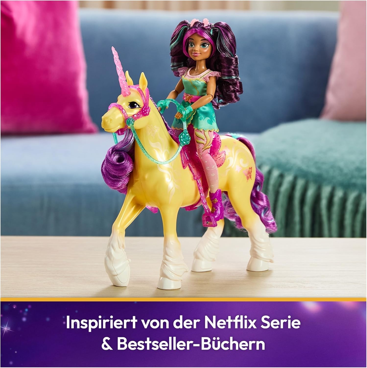 Unicorn Academy Einhorn Leaf - 28 cm groß, Original-Einhorn von Ava zur Netflix-Serie, mit echter Mähne und Schweif, abnehmbarem Zaumzeug und Sattel sowie Bürste, für Kinder ab 4 Jahren