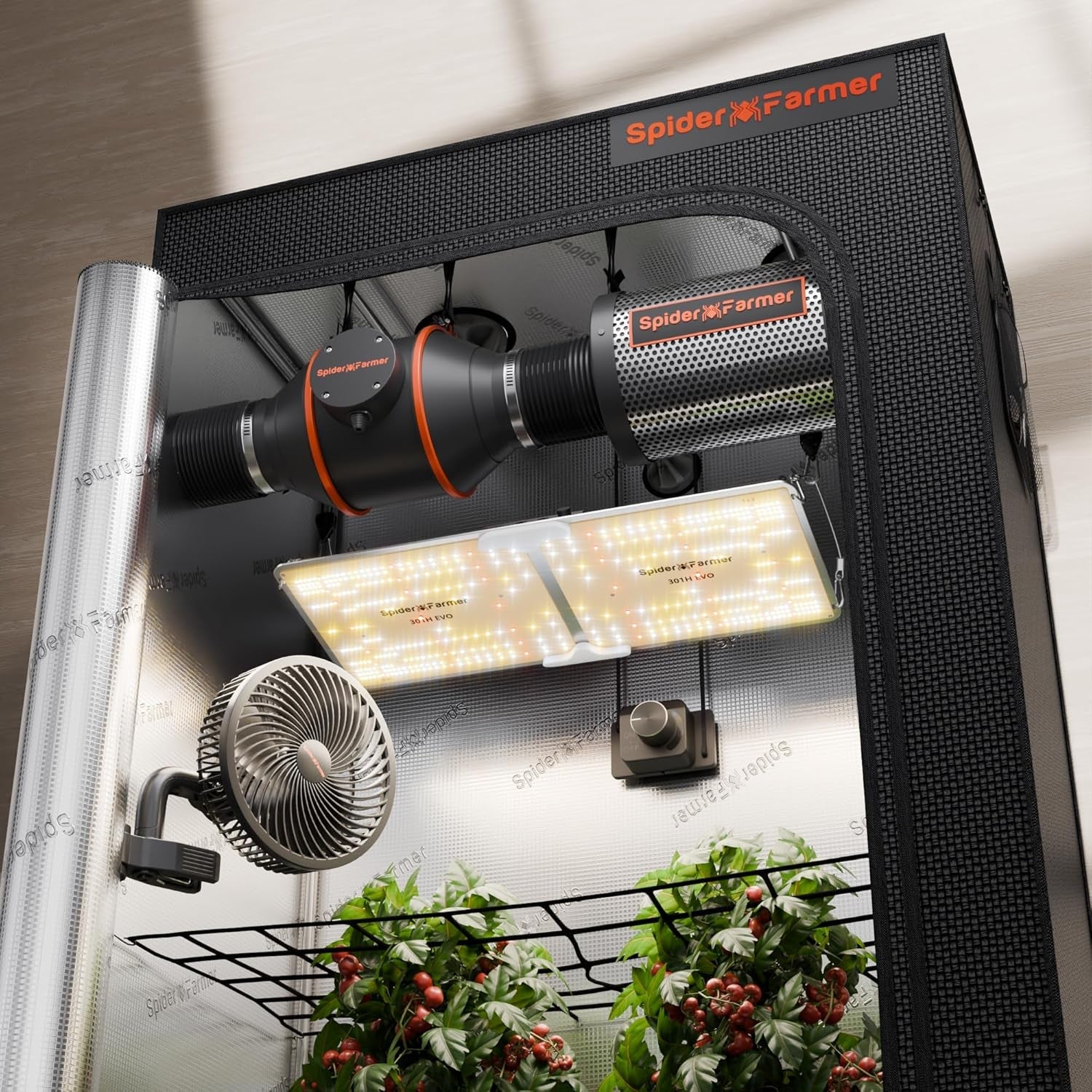 Set complet cort de creștere Spider Farmer SF1000, lampă de creștere LED reglabilă cu spectru complet, diode Samsung LM301H EVO, kit cort de creștere complet 70x70x160cm, set cort de creștere hidroponică, sistem de ventilație