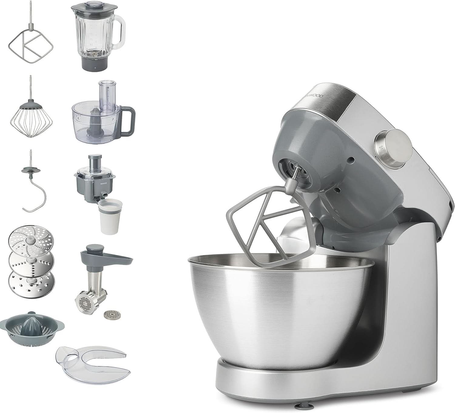 Kenwood Prospero+ KHC29A.R0SI Küchenmaschine, 4.3 L Edelstahlschüssel, Inkl. 10-teiliges Zubehör-Set mit Fleischwolf, Glas-Mixer, Zitruspresse, Entsafter und mehr, inkl. Easyweigh Waage, 1000W, Silber Mutter und Kind Naty Shop Silber Inkl. 9 Zubehör