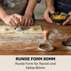 Formatoare de ravioli și fursecuri Marcato, aparat de ravioli, forme de fursecuri, lemn masiv și aluminiu turnat, fabricate în Italia, ștampilă rotundă de 80 mm