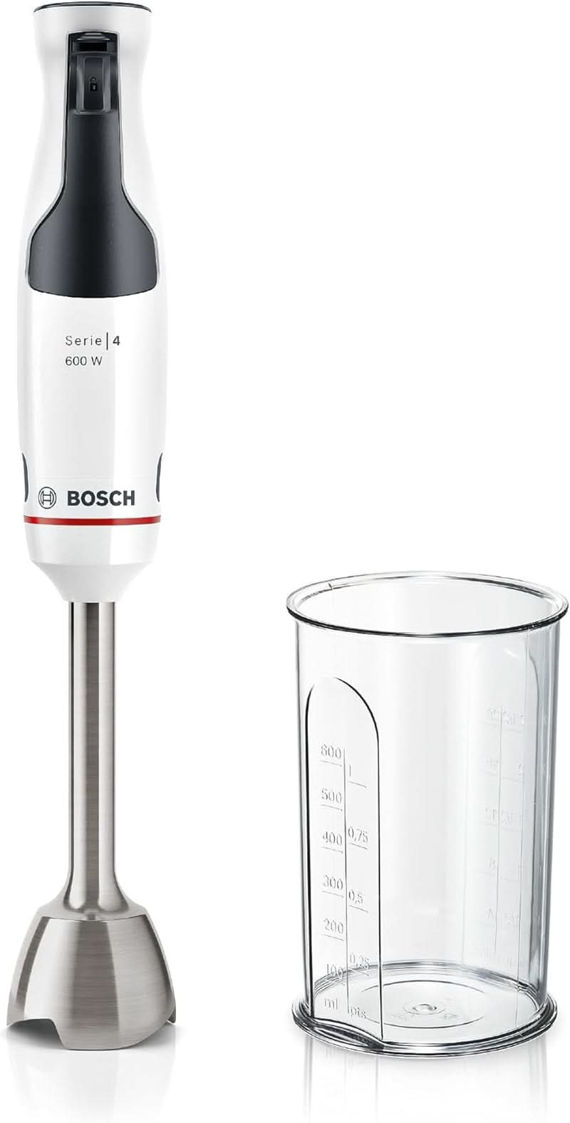 Bosch Stabmixer Ergomaster Serie 4 MSM4W210, Einhändig Bedienbar, Edelstahl-Klingen, Verschleißfreie Keramik-Kupplung, Mixbecher, Quattroblade, Antisplash Funktion, Einschaltsperre, 600 W, Weiß Mutter und Kind Naty Shop