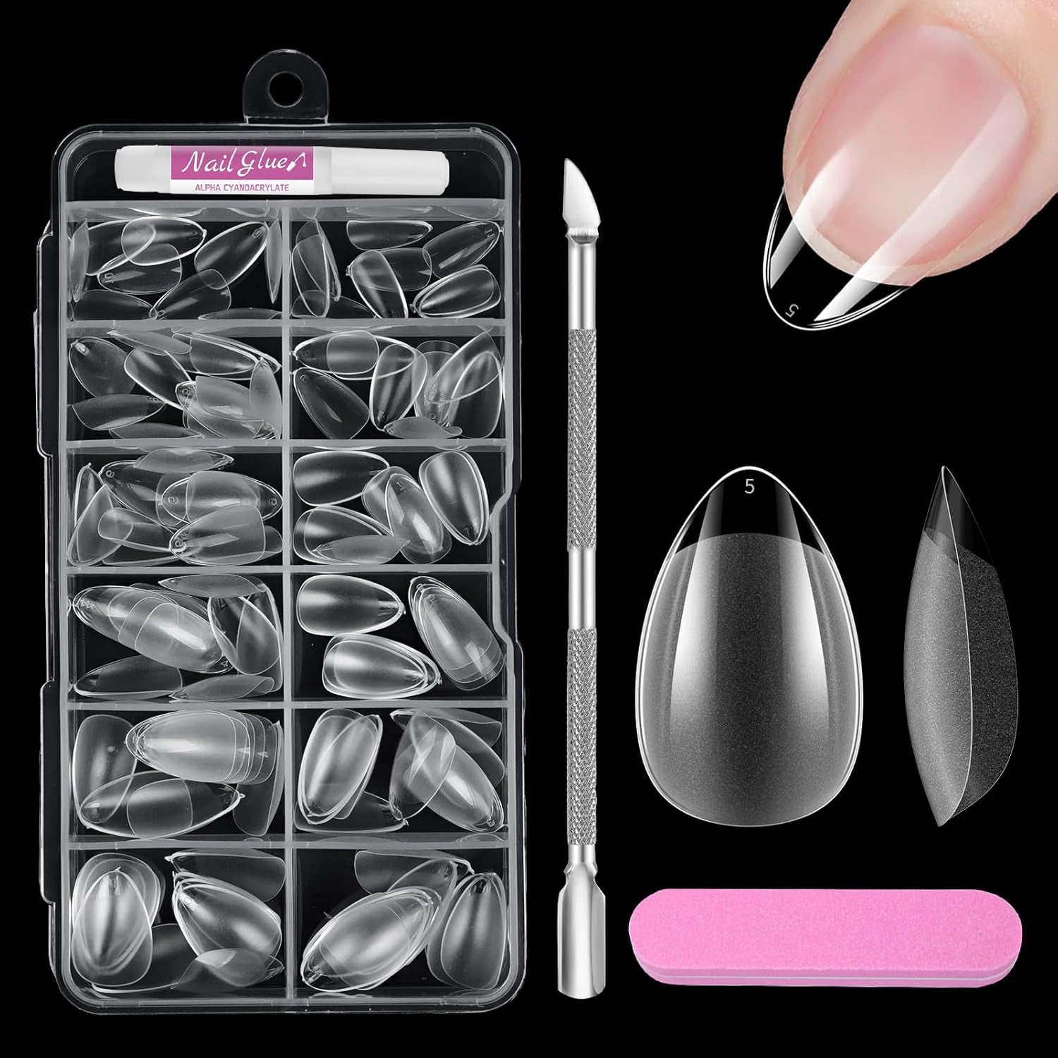 Unghii scurte cu acoperire completă, 120 de bucăți, 12 dimensiuni, vârfuri de unghii scurte pentru unghii cu gel, unghii artificiale pentru lipire, set de unghii cu pile de lipit, lustruitor de unghii, împingător de cuticule