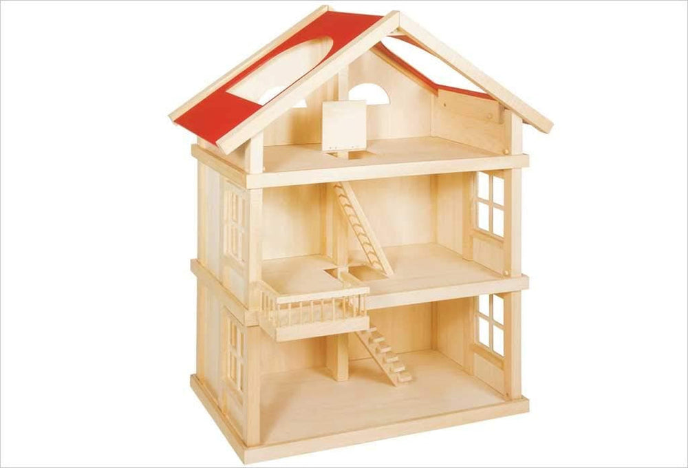 51957 Casă de păpuși din lemn, 65 x 35 x 87,5 cm – Casă de păpuși mare din lemn, 3 etaje, design deschis, acoperiș roșu, scări și balcon pentru jocuri de rol creative, lume de joacă tip casă de păpuși