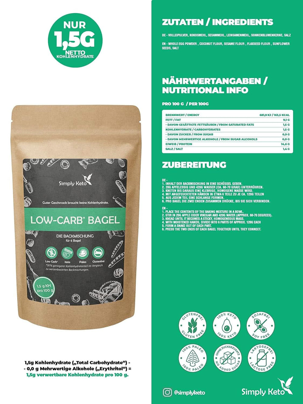 Simply Keto Lower Carb* Bagel-Backmischung für Low Carb* und ketogene Diät – laktose- und glutenfrei – 335 Gramm Naty Shop Kitchen