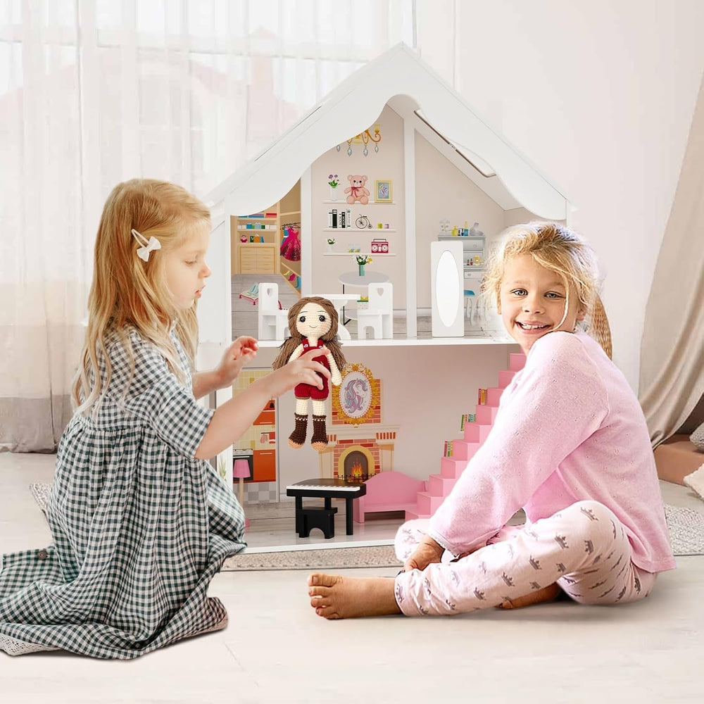 FANTASK Puppenhaus aus Holz, zweistöckiges Puppenhaus mit Zubehör und Möbeln, Spielzeug für 28–36 cm große Puppen, Puppenhäuser ab 3 Jahren, Naty Shop