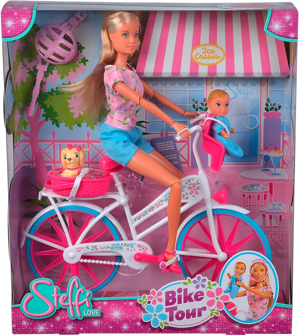 Simba 105739050 - Steffi Love Bike Tour, Steffi și Evi în castelul lor cu trei etaje, cu leagăn, mobilier și o mulțime de accesorii, 40 de piese, 102x90x38cm, pentru copii cu vârsta de 3 ani și peste