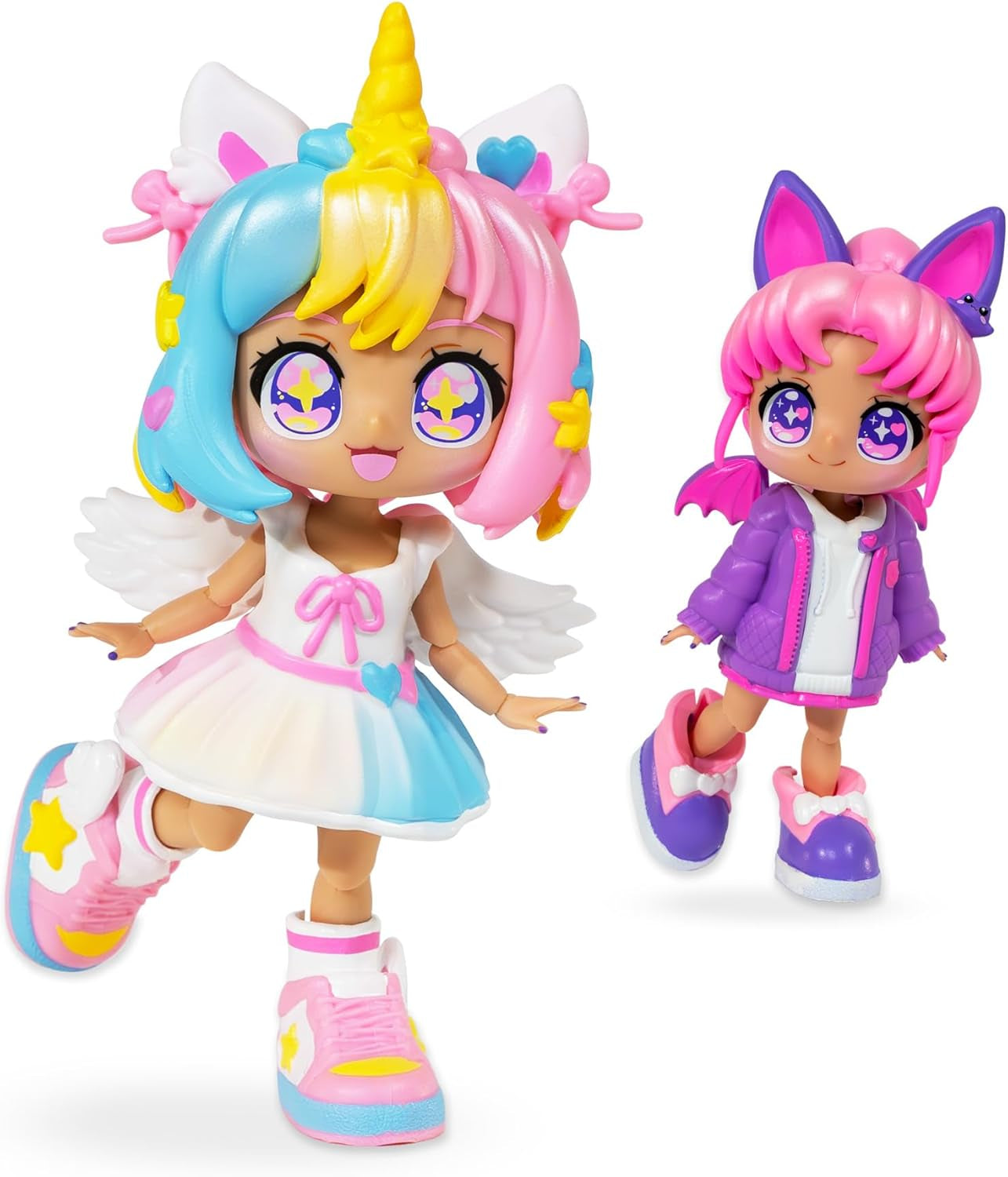 BANDAI - Animakii Einhorn und Fledermaus - Set Personalisierbare Puppen - 1 Puppe, 4 Gesichter, 2 Frisuren, 2 Outfits, 2 Paar Schuhe - Kreatives Spielzeug ab 5 Jahren - HEA26348